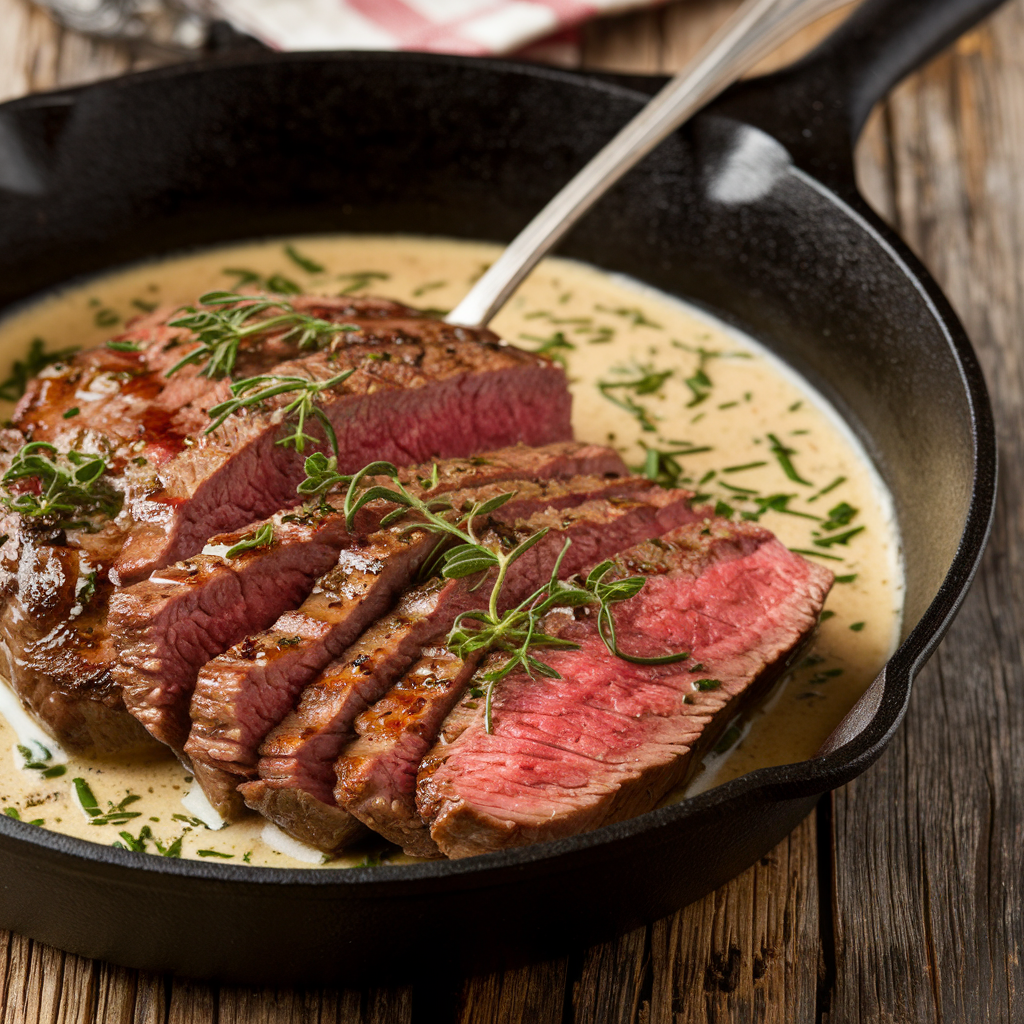 Cast Iron Bavette Steak with Whiskey Garlic Cream Sauce