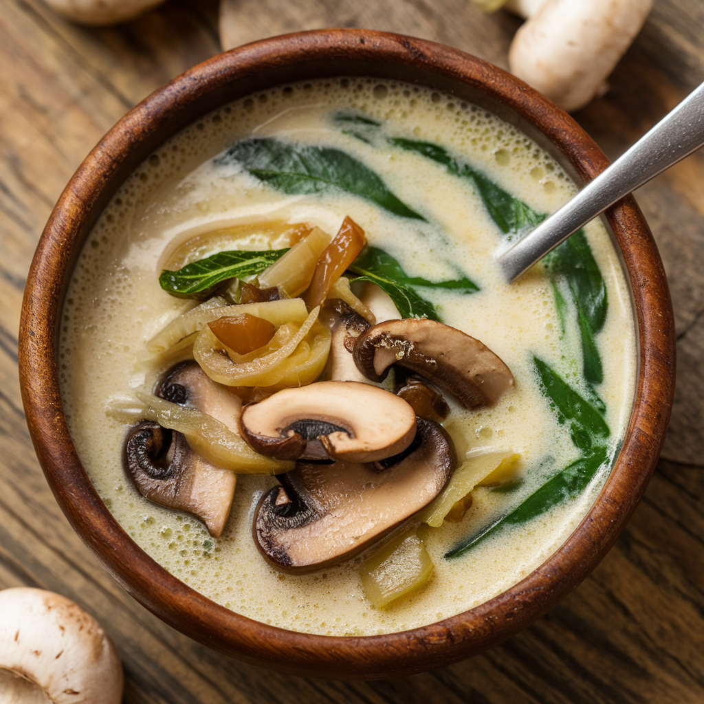 Wild Mushroom, Caramelized Onion, and Kale Soup